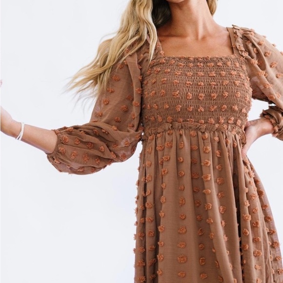 Elegant Long Sleeve Smocked Dress in Brown - Picture 1 of 11